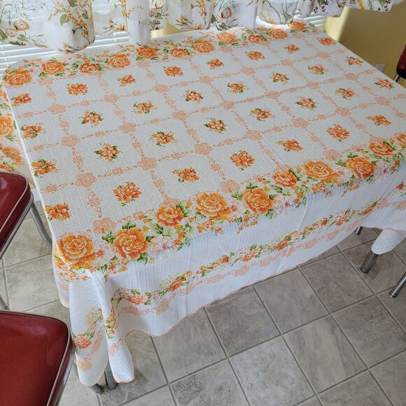 Vintage Red & Orange Floral Grid White Lace Tablecloth, 61x77 - Picture 1 of 5